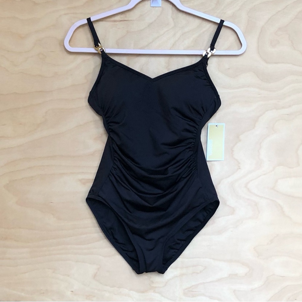Michael Kors Womens Black One-Piece Swimsuit V Neck Ruched Beachy NWT Size 10.